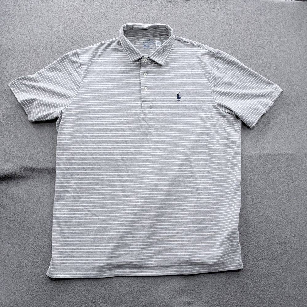 Polo Ralph Lauren Polo Shirt Mens XL Gray Striped Performance Moisture Wicking